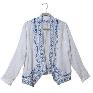J. Jill 100% cotton embroidered crinkle cardigan kimono blazer size Medium gauzy
